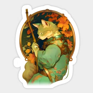 Art Nouveau Traditional Japanese Samurai Cat Sticker